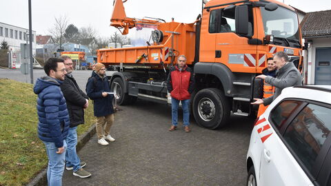 Hessen Mobil_Vor-Ort-Termin Sinkkastenheber 1 Projektverantwortliche und team des SM Hofheim sprechen über das Pilotprojekt Sinkkastenheber