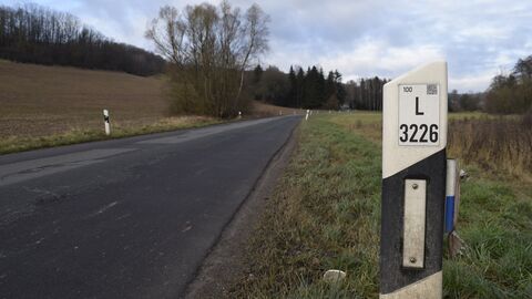 Die L 3226 mit einem Leitpfosten im Vordergrund.