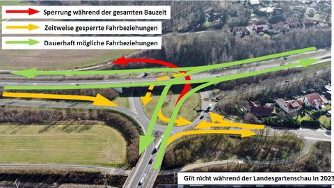 Landkarte mit farbigen Markierungen - Bauablaufplan B 254 Frankfurter Straße / B 27 AS Bronnzell