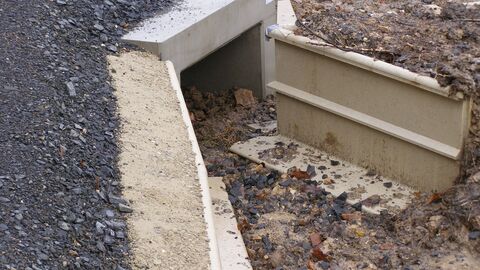 Beispiel für einen sogenannten Einweiser - ein Betontrog, der in den Boden eingebaut wird, um Amphibien unter der Straße hindurch zu leiten