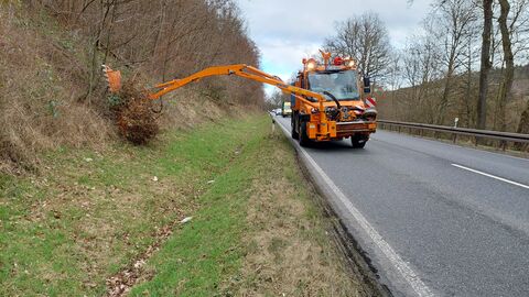 Gehölzpflegearbeiten bei Hessen Mobil Orangenes Mähfahrzeug mit Mäharm mäht Straßenrand
