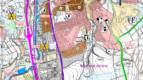 B 275 OU Eschenhahn Übersichtslageplan  Eine topografische Karte, auf der der zukünftige Verlauf der B 275 OU Eschenhahn eingezeichnet ist.