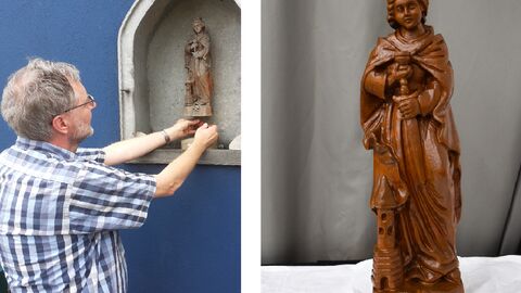 Historische St. Barbara-Holzfigur im Vorher-Nachher-Vergleich