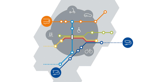Das Thema Reaktivierung von Bahnstrecken wird mit gestalterischen Elementen wie Kreisen und Symbolen dargestellt.
