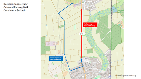 Umleitungsplan des Geh- und Radwegs der B44 zwischen Dornheim-Berkach