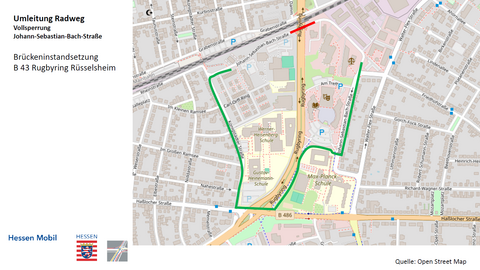 Umleitung des Radweges Johann Sebastian Bach Straße über die B 43 Rugbyring in Rüsselsheim