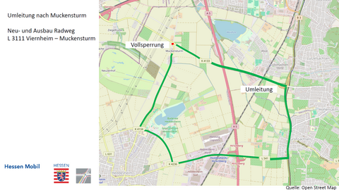 Umleitung wegen dem Neu- und Ausbau des Radweges der L 3111 von Viernheim nach Muckensturm