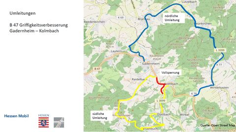 Umleitung B 47 wegen Griffigkeitsverbesserung bei Gadernheim-Kolmbach