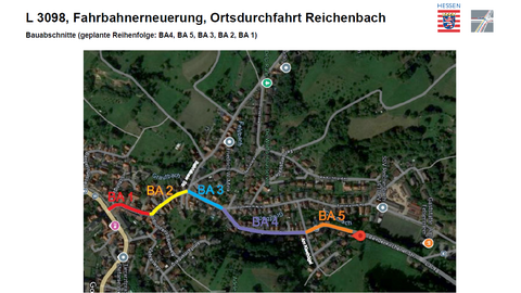 L 3098 Bauabschnitte (geplante Reihenfolge - Bauabschitt 4, Bauabschitt 5, Bauabschitt 3, Bauabschitt 2, Bauabschitt 1) L 3098 Bauabschnitte (geplante Reihenfolge - Bauabschitt 4, Bauabschitt 5, Bauabschitt 3, Bauabschitt 2, Bauabschitt 1)
