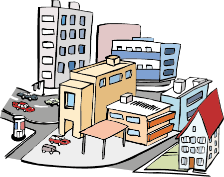 Stadt mit vielen Gebäuden, Straßen und Autos